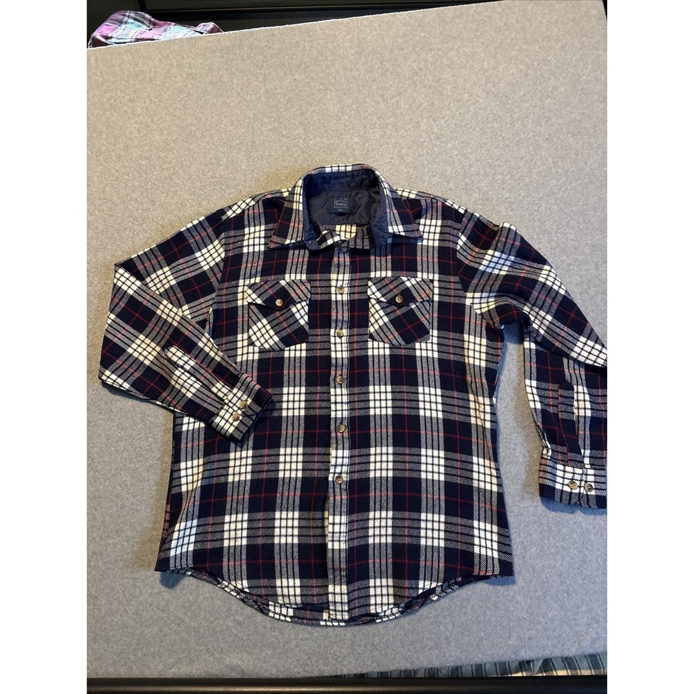 VTG SEARS Long Sleeve Button Up Plaid Flannel Men's L Tall Red White Blue Pocket